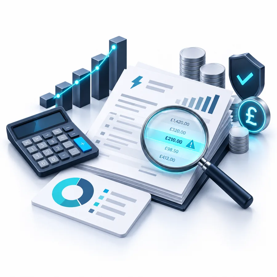 Illustration of an energy bill being checked with a magnifying glass, highlighting an overcharge