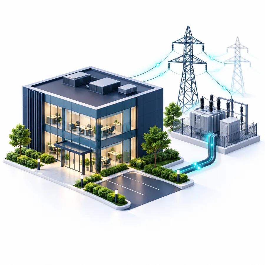 Illustration of an office building connected to the electricity grid