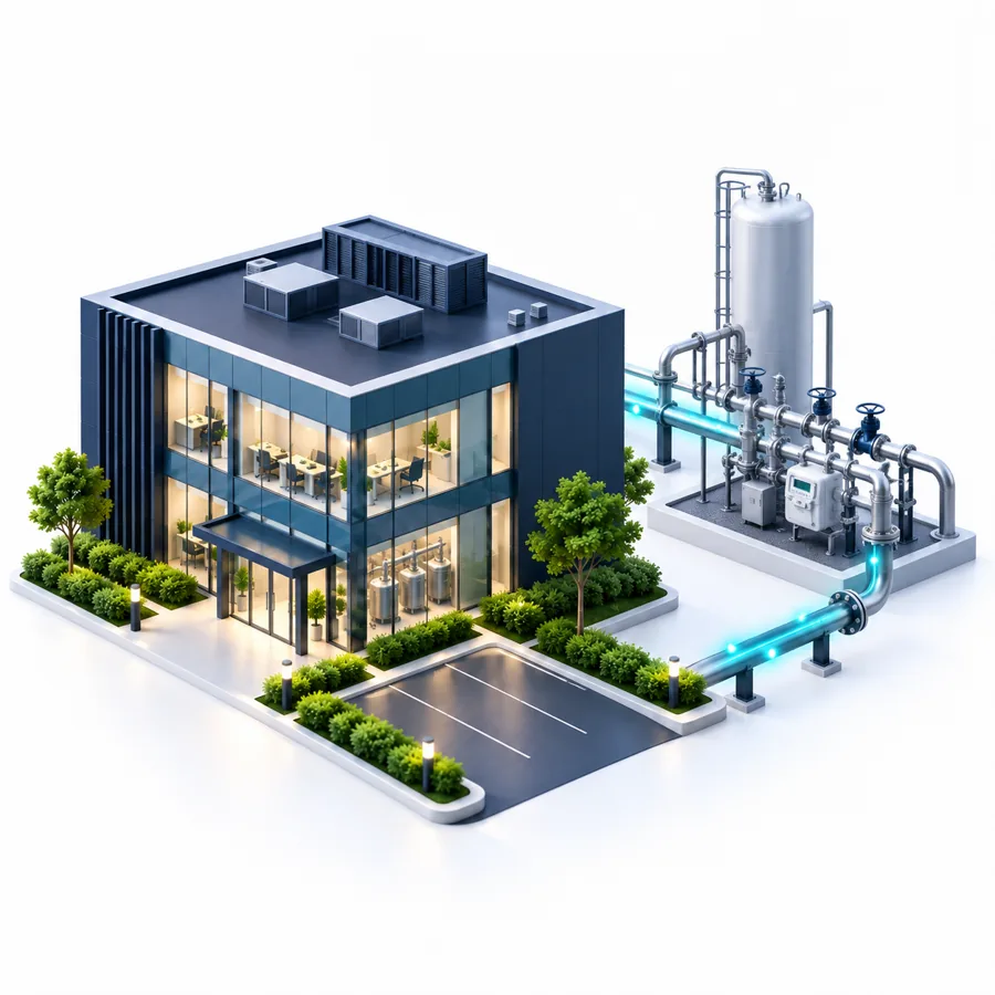 Illustration of an office building connected to a commercial gas supply