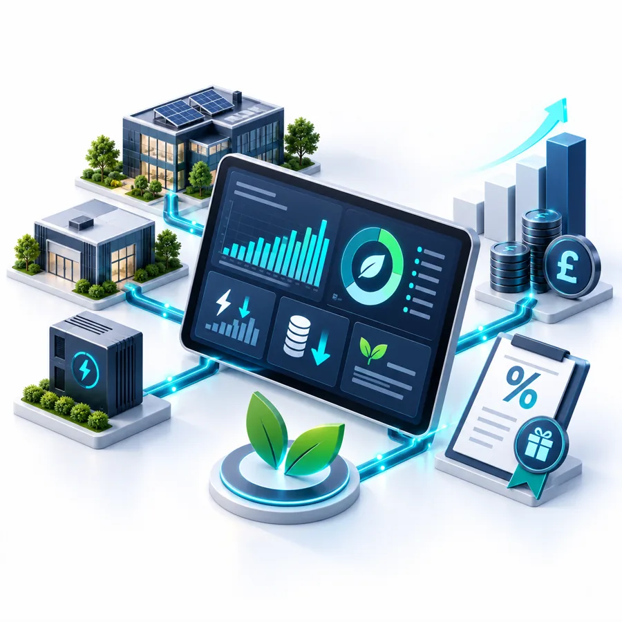 Illustration of an energy management dashboard connected to business sites, savings and rebates