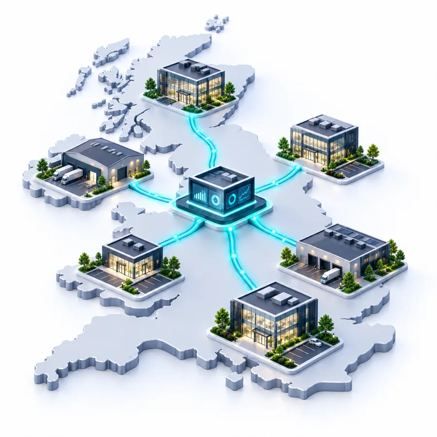 Illustration of business sites across the UK connected to one central energy hub