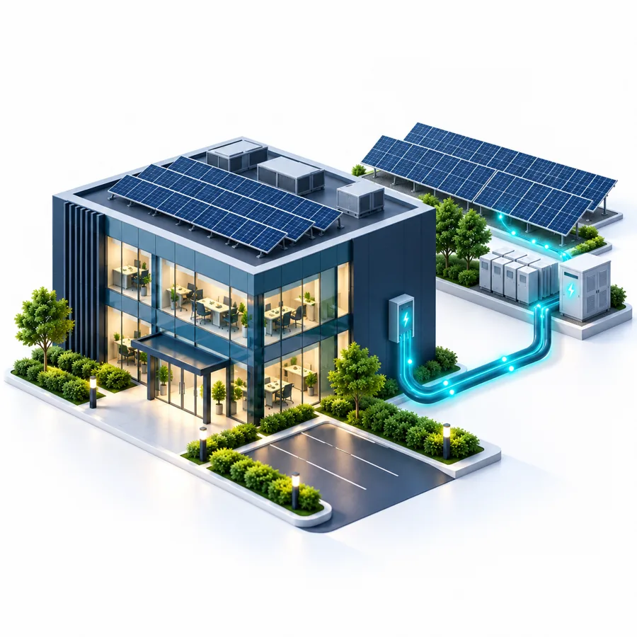 Illustration of an office building with rooftop and ground-mounted solar panels and battery storage